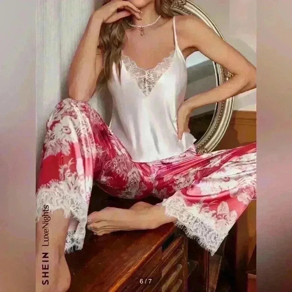 Shein LuxeNights Women's Floral Printed Lace Patchwork Pajama Set - Picture 7 of 7